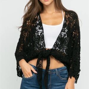 Raj Black Crochet Tie-Front Cardigan Sweater, one size